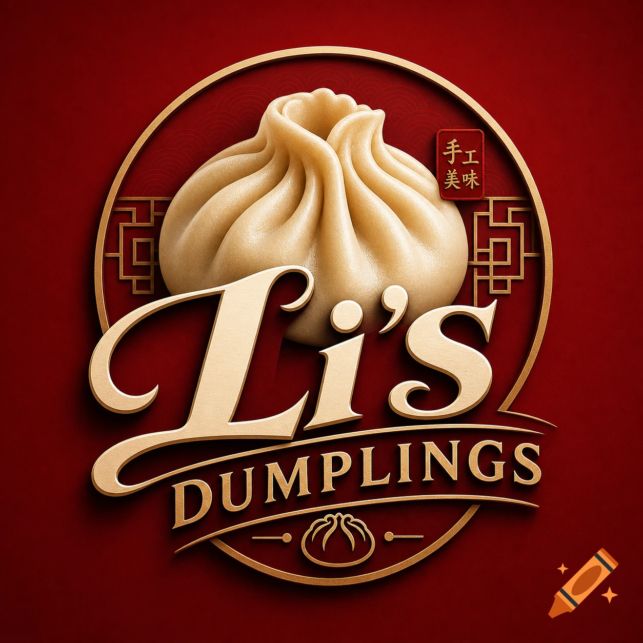 A gold and red logo for Li's Dumplings featuring a realistic dumpling in the center, with ornate gold borders and Chinese characters.