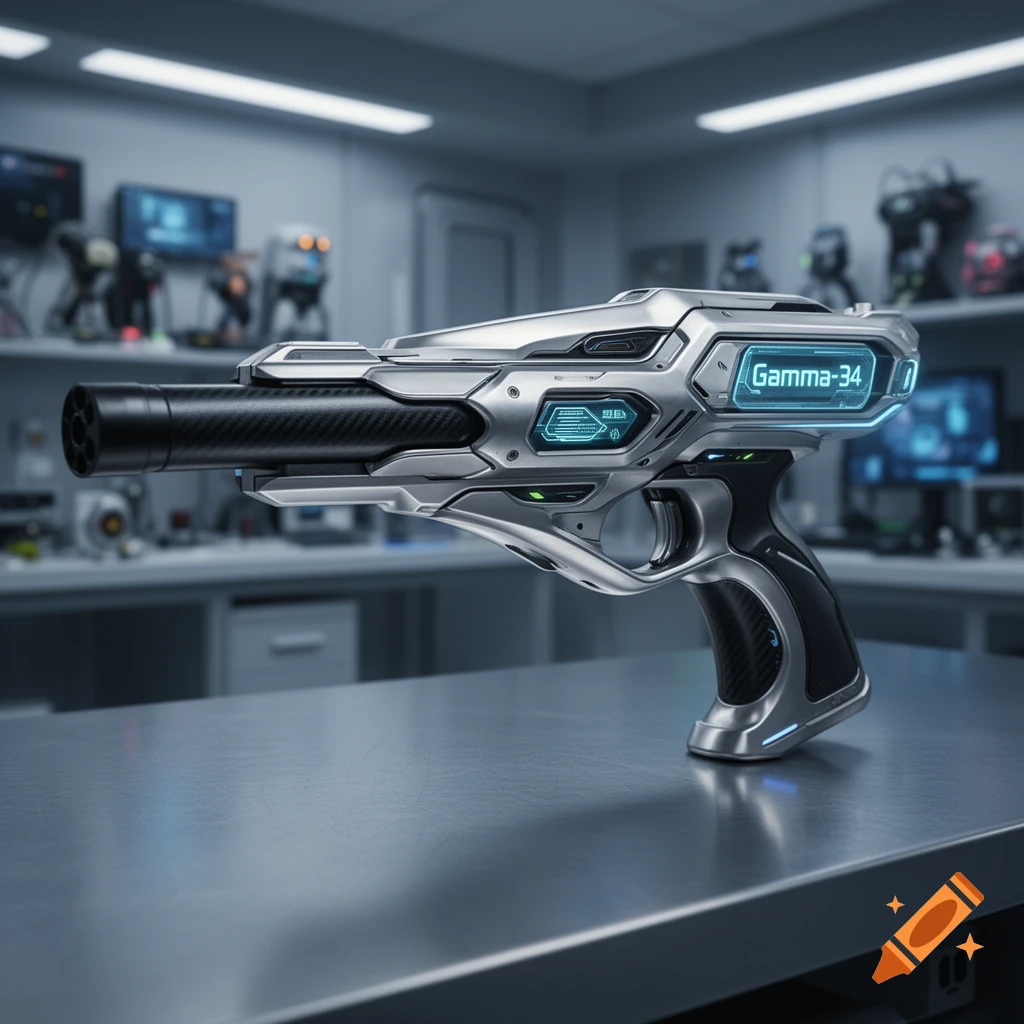 A sleek, futuristic silver and black 'Gamma-34' gun with glowing blue screens sits on a metallic lab bench.
