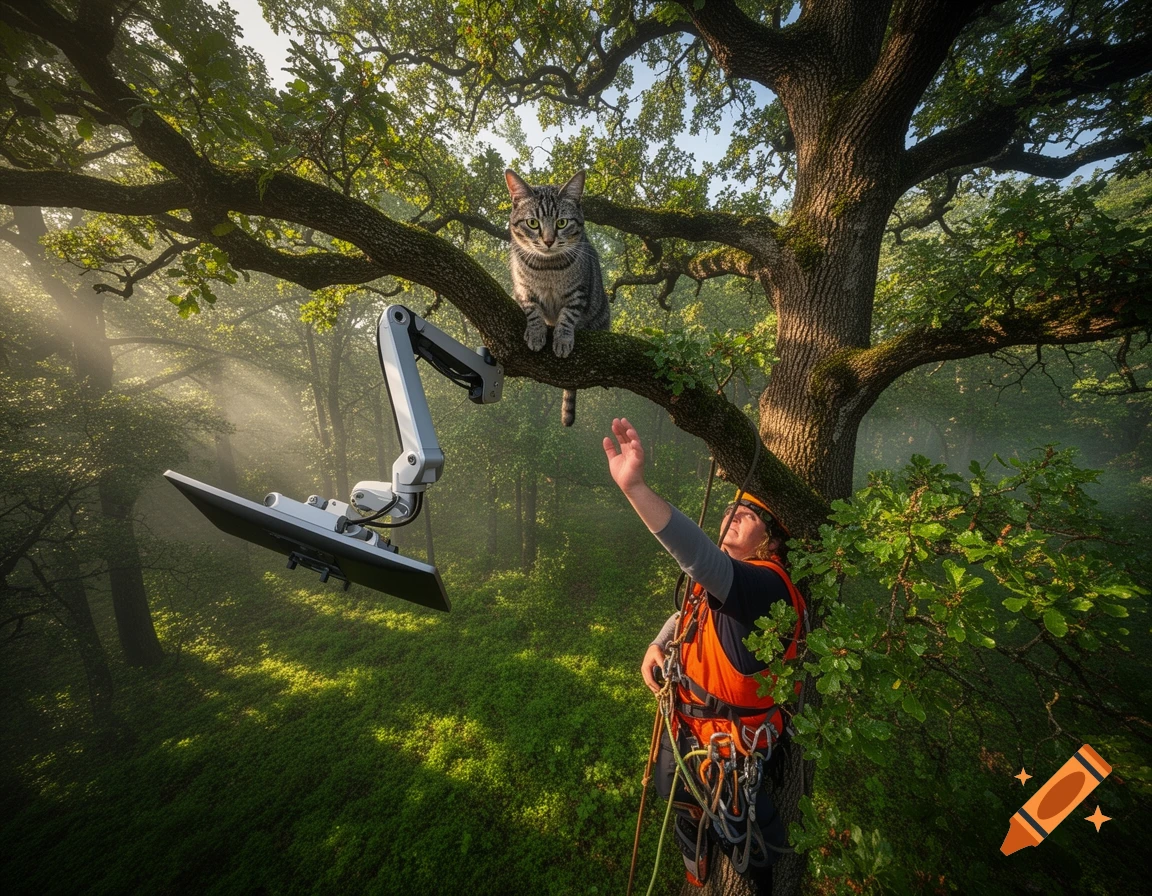 A person in climbing gear reaches up towards a tabby cat and a monitor arm in a sunlit, lush forest tree, photorealistic.