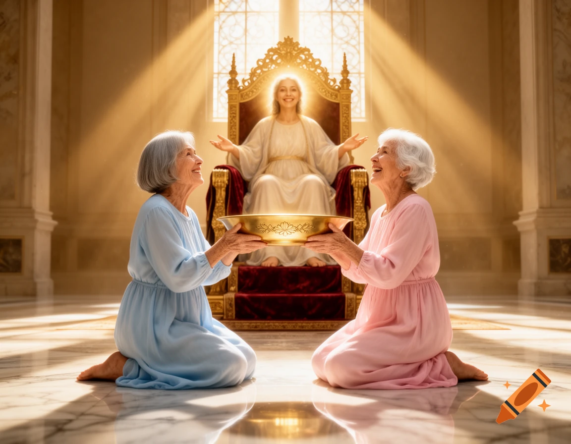 Two elderly women kneel, holding a golden dish, looking up at a smiling figure on a throne in a sunlit hall.