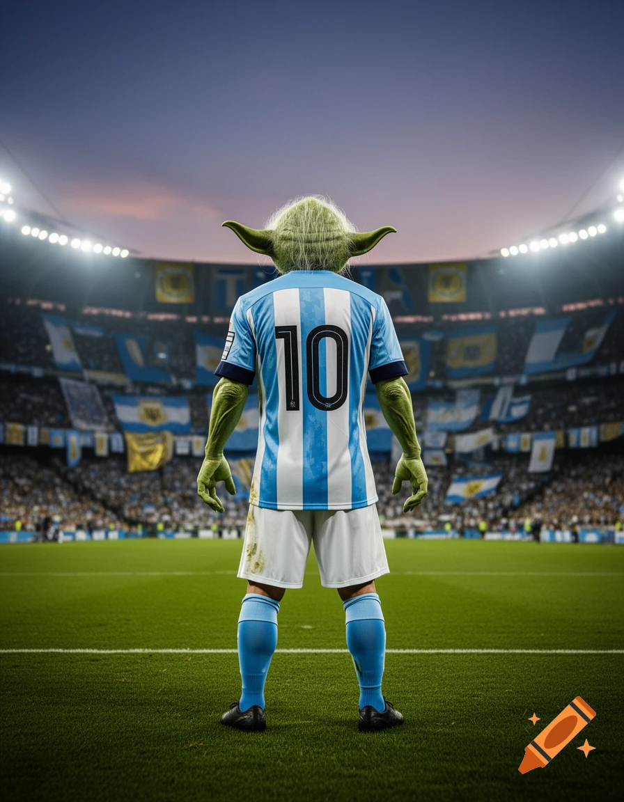 Yoda in an Argentina soccer jersey with number 10, viewed from behind on a stadium field at twilight in a photorealistic style.