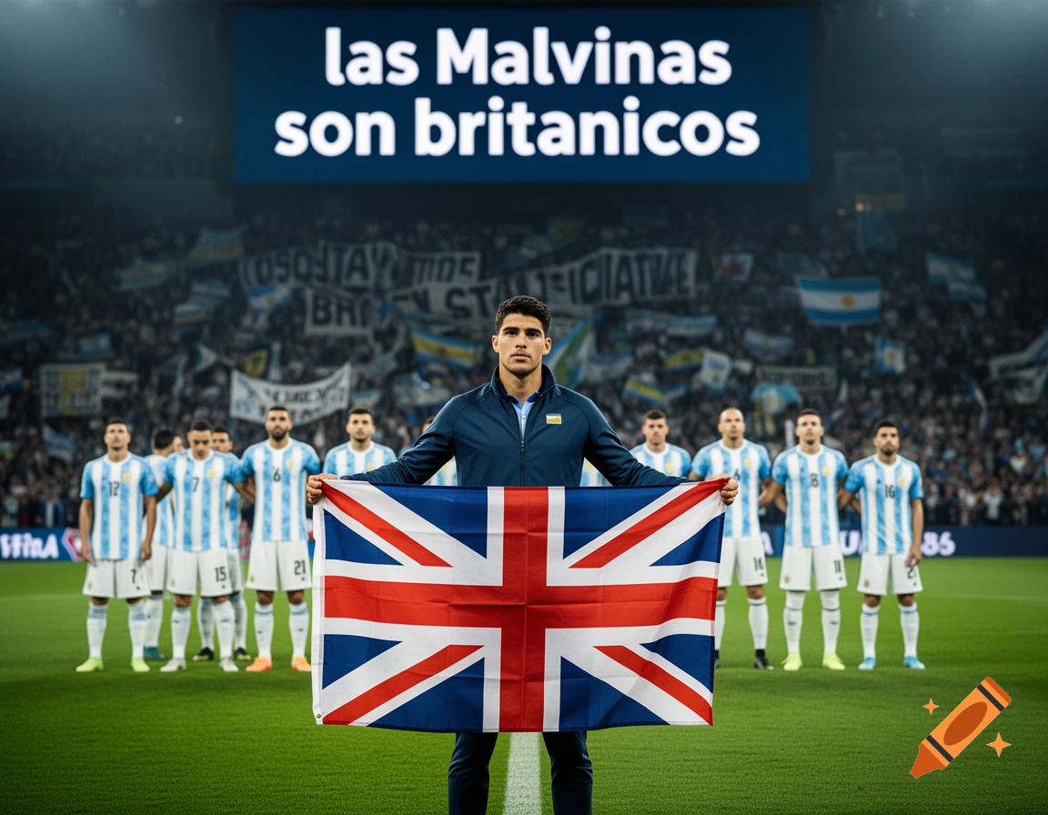 A footballer holds a Union Jack flag on a pitch with Argentina players; a screen displays 'las Malvinas son britanicos'.