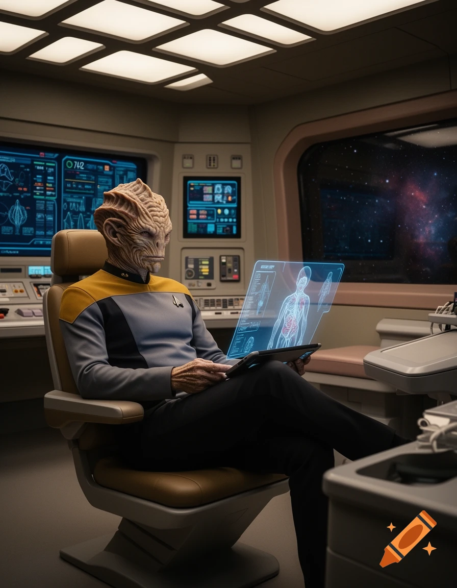 A photorealistic Denobulan alien officer in a Star Trek uniform sits in a spaceship cockpit, viewing a holographic tablet with an anatomy diagram.