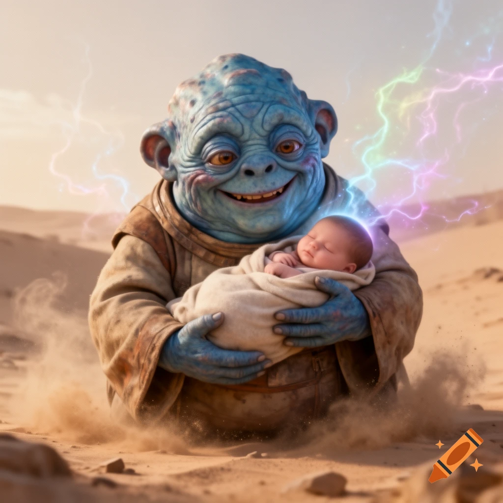 A blue, Yoda-like alien creature smiles, cradling a swaddled baby in a desert with colorful lightning.