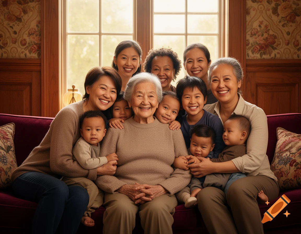 A large multi-generational Asian family, including an elderly woman and several children, sitting and smiling on a sofa in a warm living room.