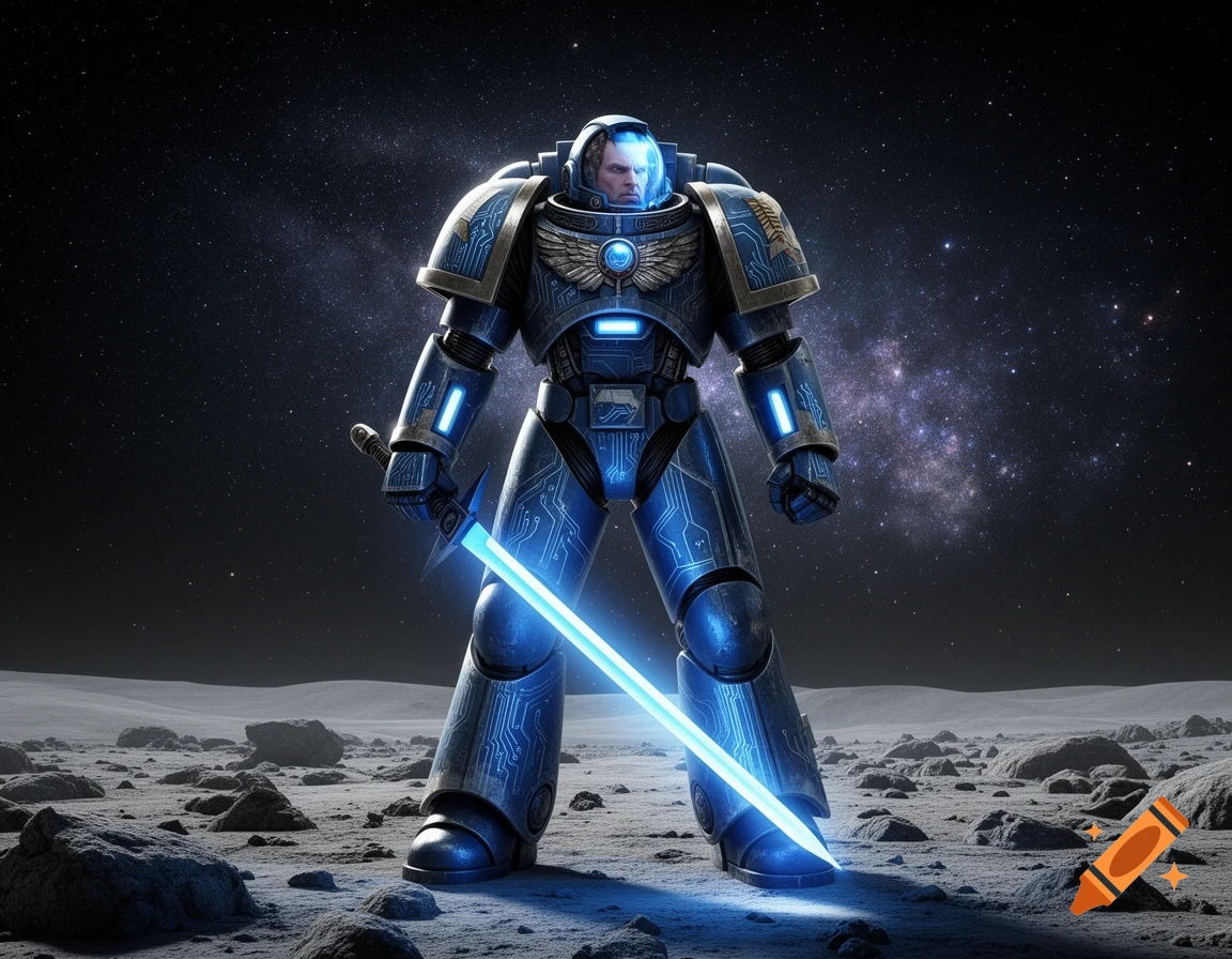 A space marine in blue and silver armor stands on a rocky moon, holding a luminous blue energy sword under a starry sky.