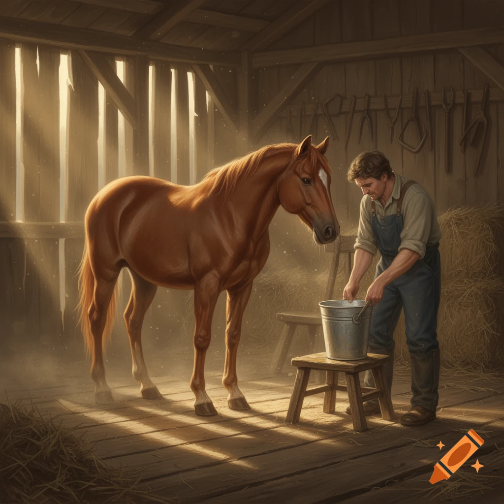A man in overalls feeds a brown horse from a bucket in a sunlit, dusty barn, photorealistic.