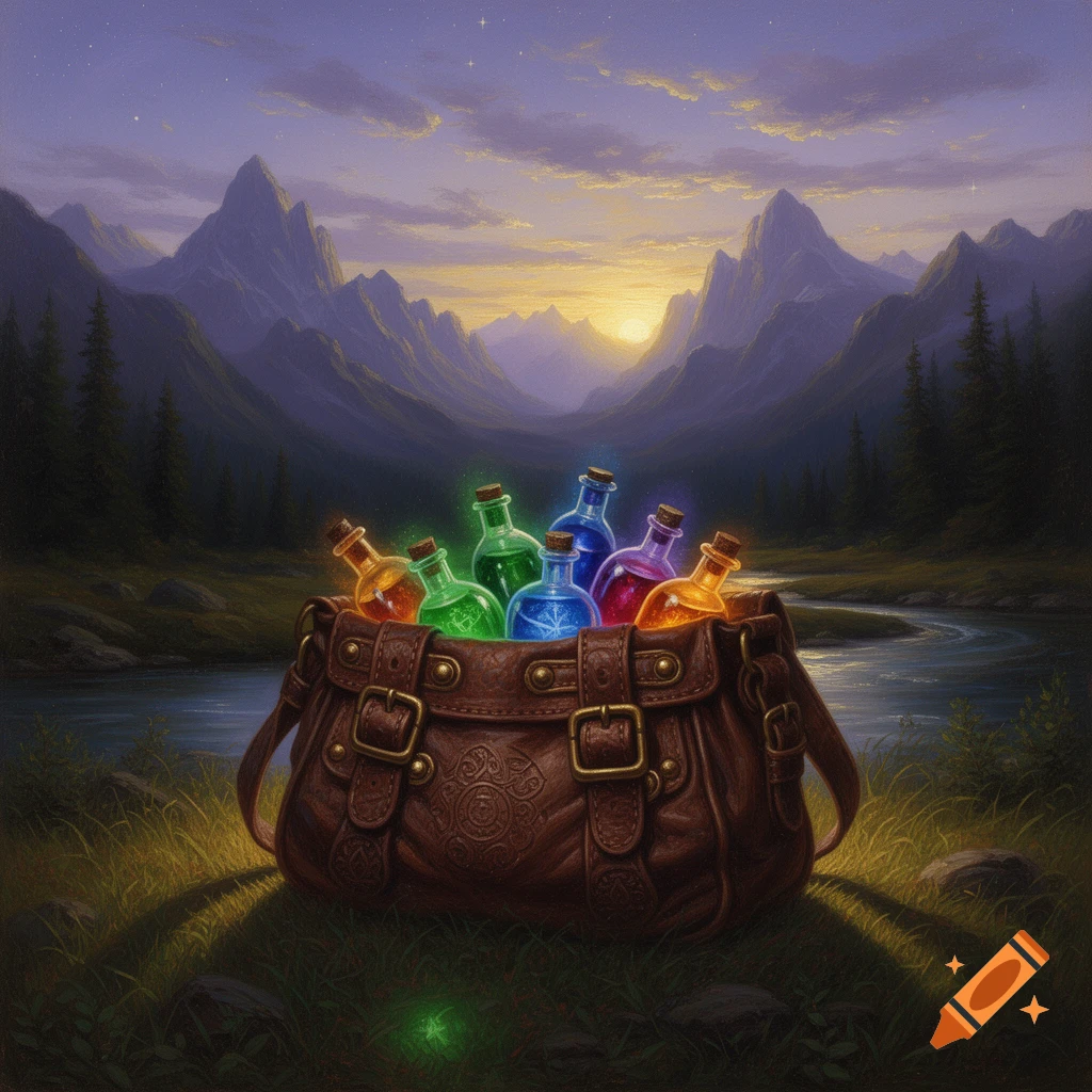 An oil painting of a brown leather alchemist's bag filled with glowing, colorful potions in a mountain valley at sunset.