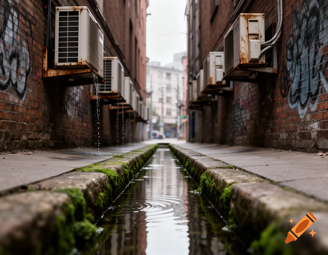 A narrow, wet alleyway with brick walls covered in graffiti and air conditioning units dripping water into a moss-lined channel.