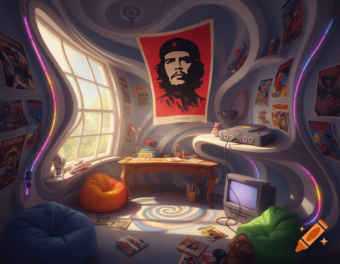 Surreal, dreamlike 90s youth room with a Che Guevara poster, N64 console, CRT monitor, bean bags, and colorful posters.