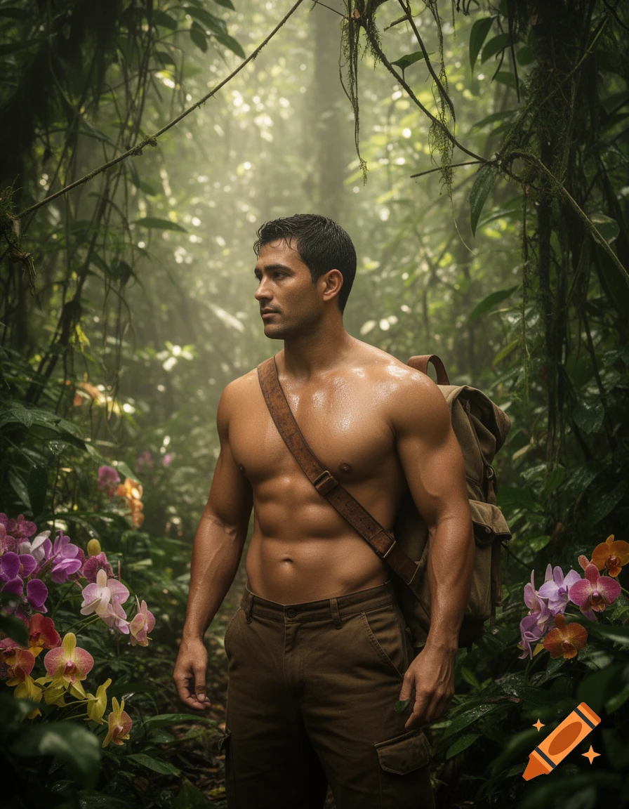 Muscular shirtless man with a backpack in a misty jungle with colorful orchids.
