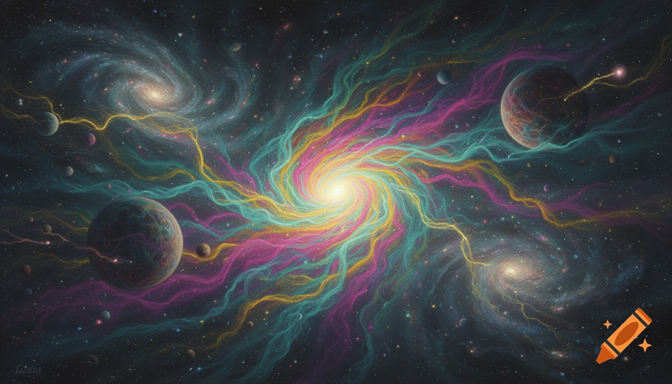 Vibrant abstract cosmic scene with a bright central light surrounded by flowing ribbons of pink, teal, and yellow, with planets and galaxies against a dark starry background.