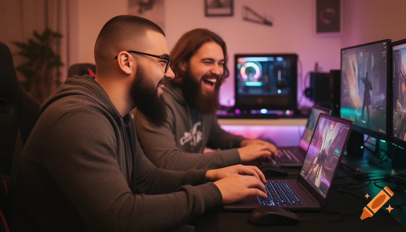 Two laughing bearded men, one with glasses, playing PC games on laptops and monitors in a dimly lit room.