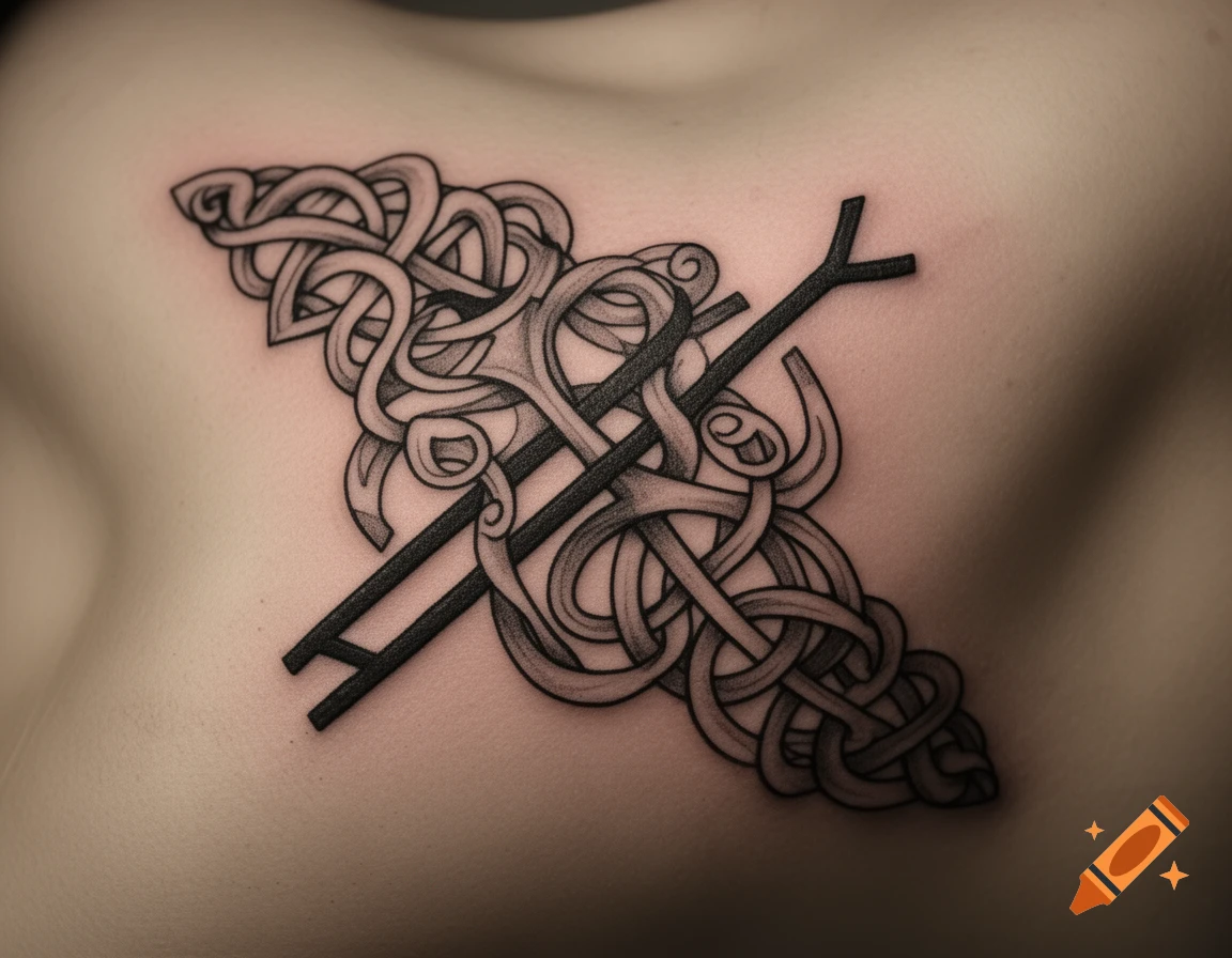A black and grey knotwork tattoo with linear elements, possibly a bindrune, on a person's chest.