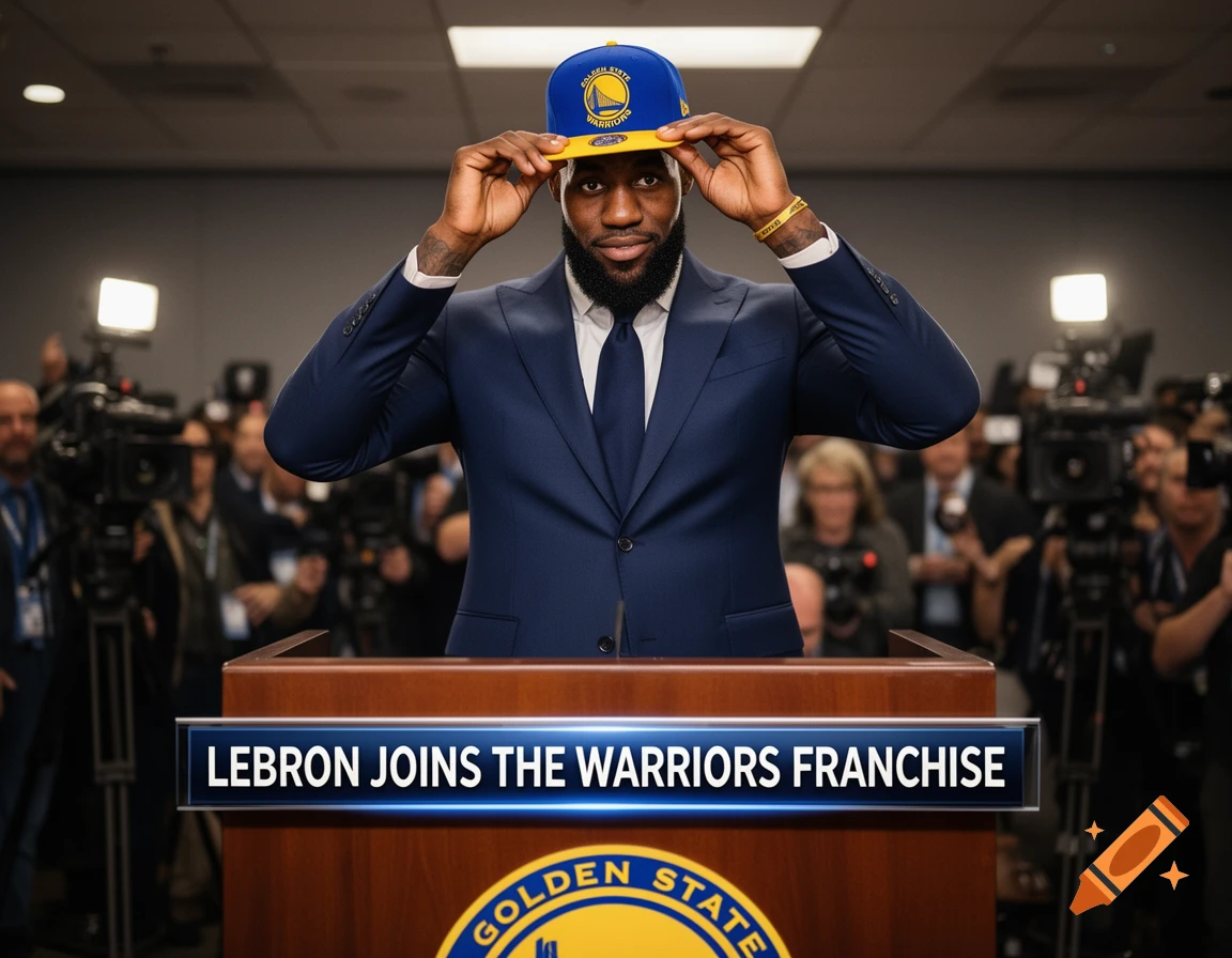 LeBron James, in a suit, puts on a Golden State Warriors hat at a press conference with a banner reading 'LEBRON JOINS THE WARRIORS FRANCHISE'.