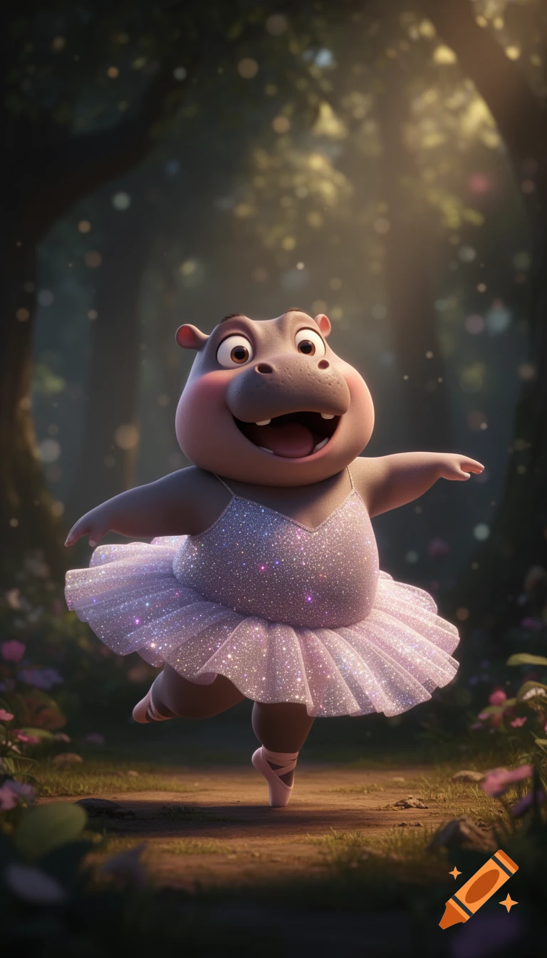 A laughing cartoon hippopotamus ballerina with a sparkly tutu dances on pointe in a sun-dappled forest.