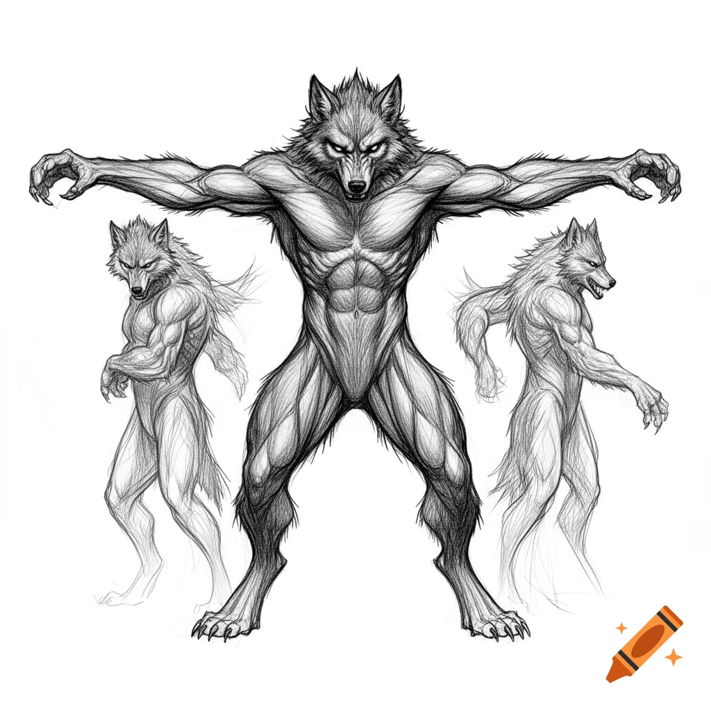 Pencil sketch of three muscular werewolves; one in a T-pose flanked by two others, all on a white background.