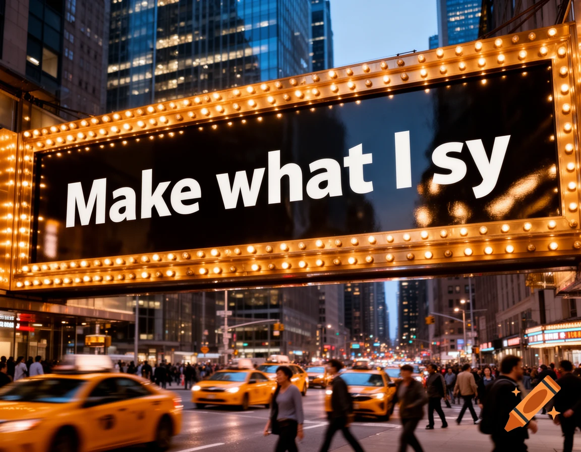 A bustling city street at dusk, with yellow taxis and blurred pedestrians below a large illuminated billboard reading 'Make what I sy'.