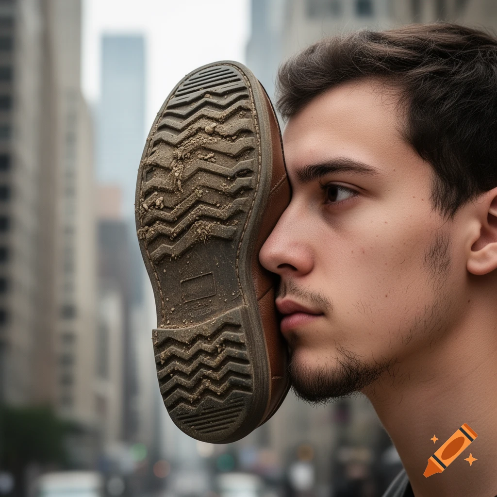 Photorealistic close-up of a man's face with a dirty shoe sole pressed against his cheek, blurred city in background.