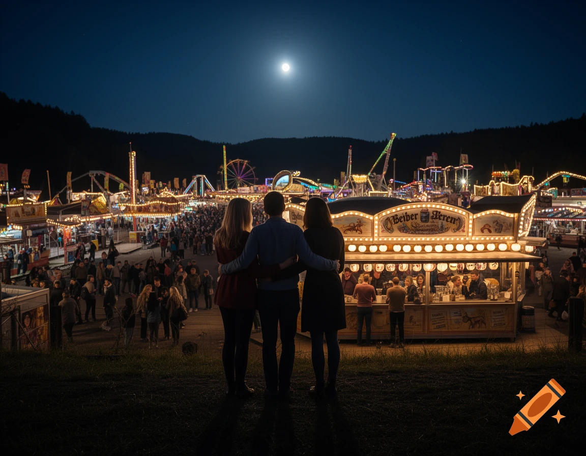 A couple views an illuminated night fairground with carnival rides and crowds under a full moon.