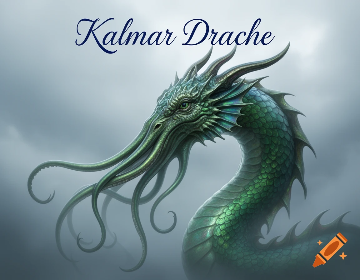 A majestic green Kalmar Drache, a tentacled squid-dragon with iridescent scales, emerging from mist, with its name in script above.