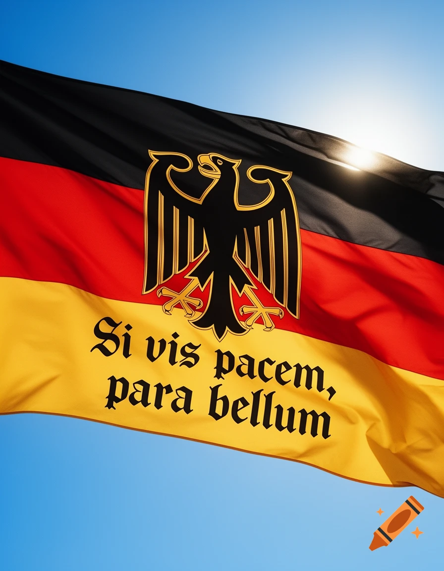 Photorealistic German flag with the federal eagle and 'Si vis pacem, para bellum' text, waving under a blue sky.