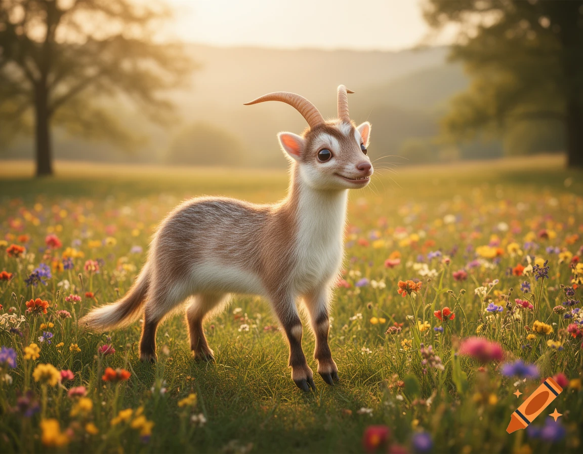 A cute, smiling weasel-goat hybrid stands in a sunlit meadow filled with colorful wildflowers at sunset.
