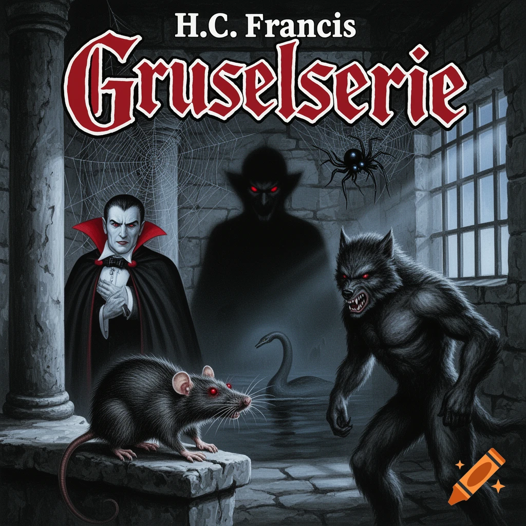 An illustration of a vampire, a werewolf, a rat, and a large spider in a dark dungeon. A shadowy figure with red eyes looms in the background, with text "H.C. Francis Gruselserie" above.