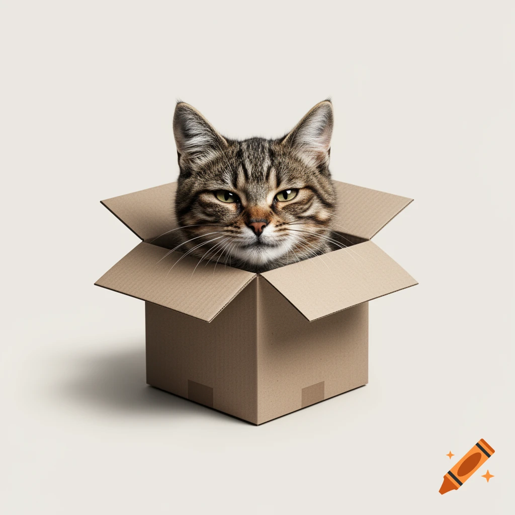 A realistic tabby cat peeking out of a brown cardboard box, looking directly forward on a plain background.
