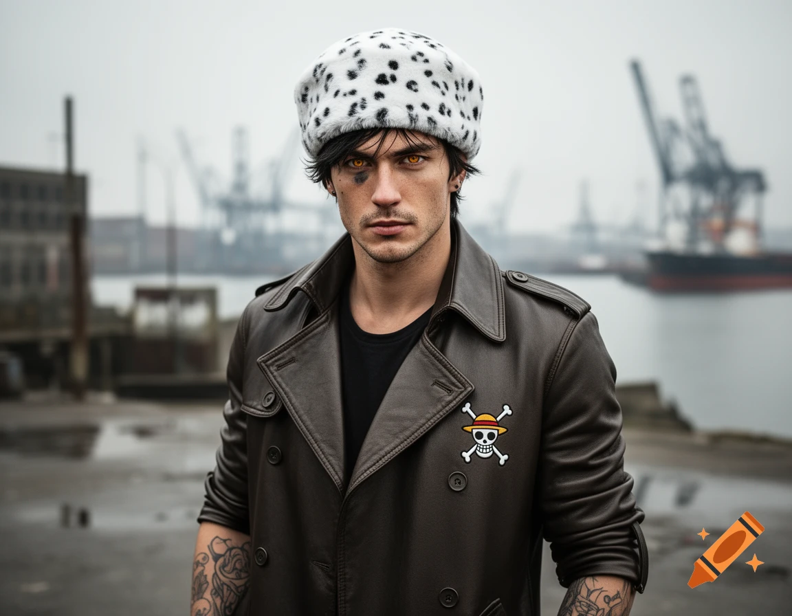 A man resembling Trafalgar Law from One Piece, wearing a spotted hat and leather coat with a skull symbol, stands at a gloomy dock.