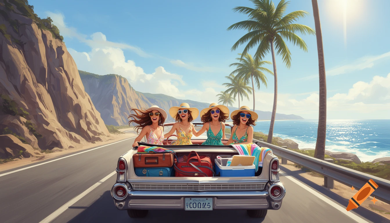 Four women in a vintage convertible drive along a sunny coastal road with palm trees and cliffs, luggage in the trunk. Illustration.