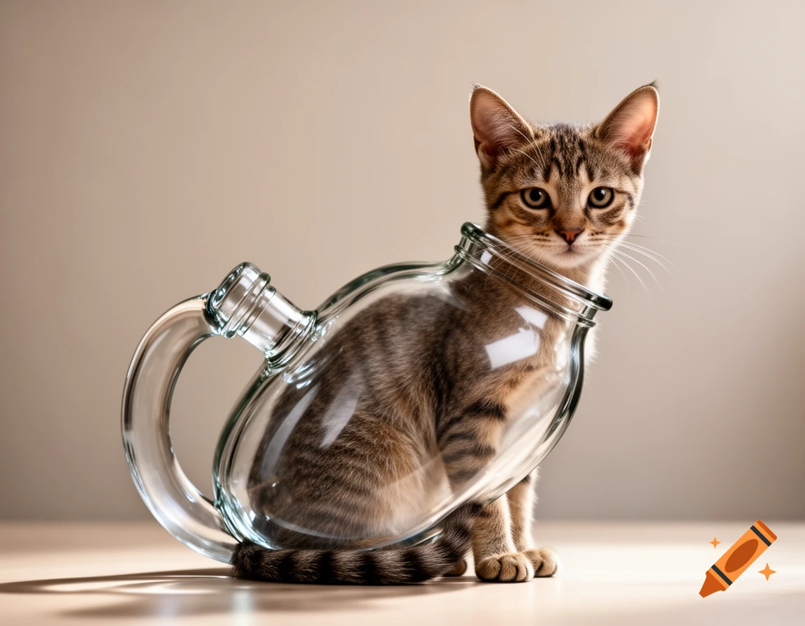 A photorealistic tabby kitten sits inside a clear glass jar with a handle, looking forward.