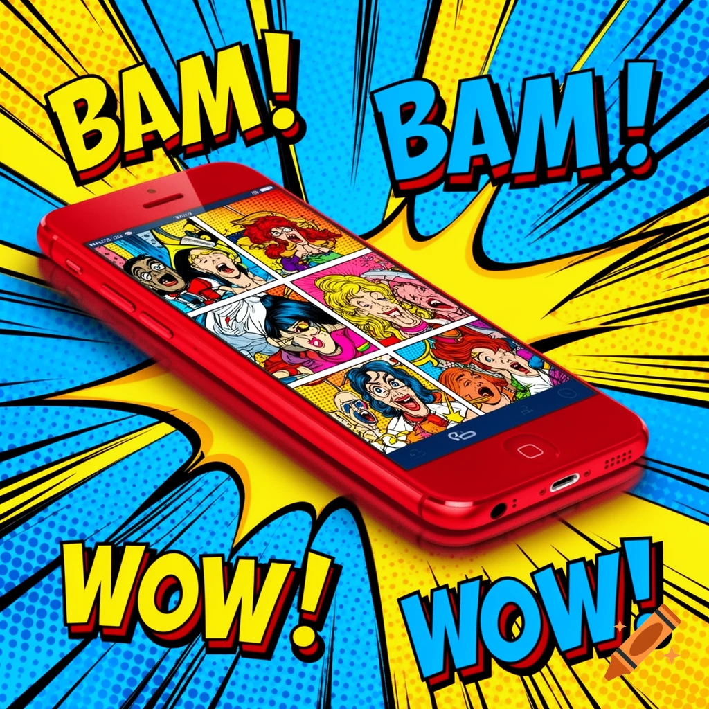 A vibrant red smartphone displays a comic book grid with various characters and speech bubbles, surrounded by yellow and blue pop art style 'BAM!' and 'WOW!' sound effects with halftone dots.