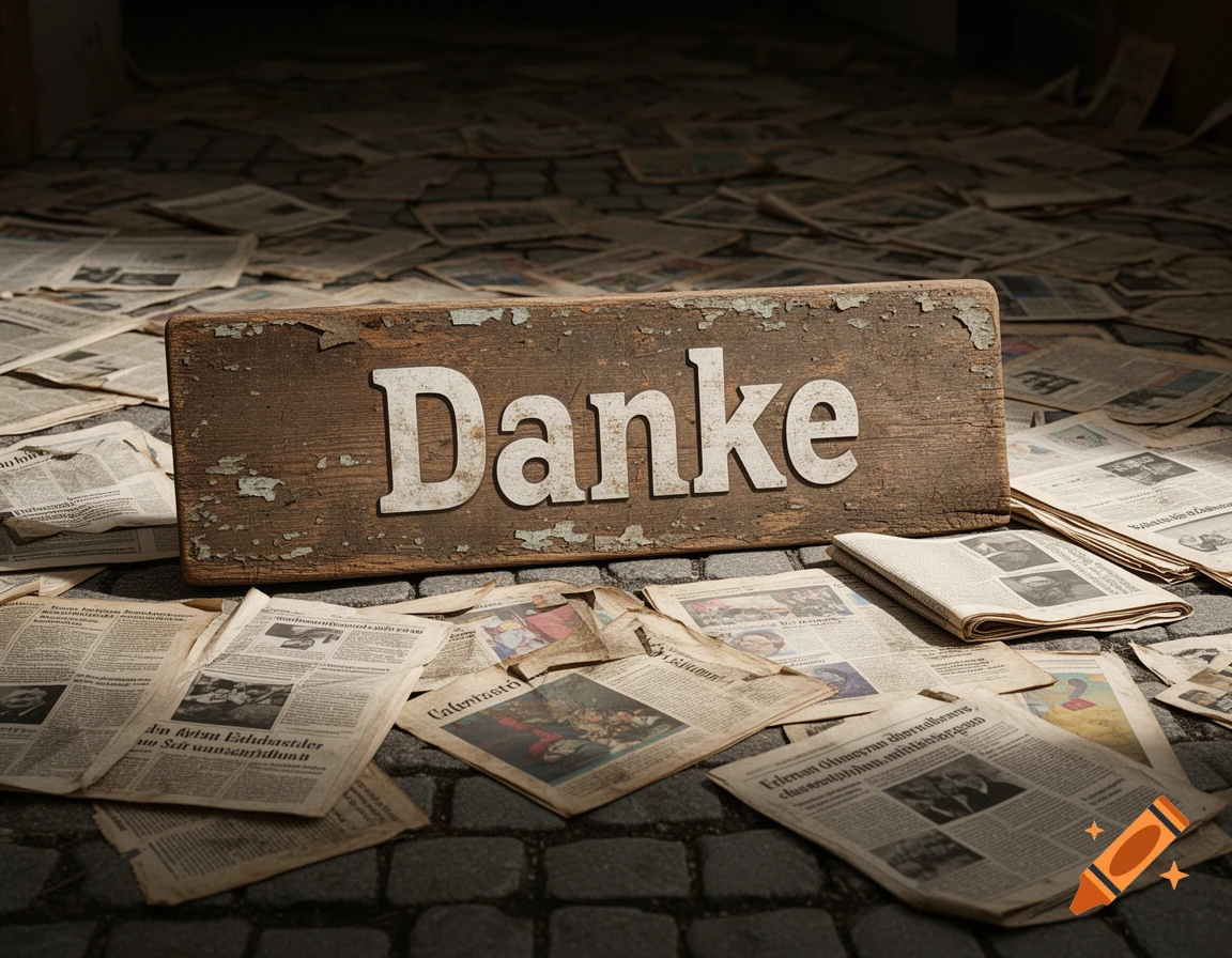 A weathered wooden sign with the word "Danke" in white letters rests on a cobblestone ground covered with many old newspapers.