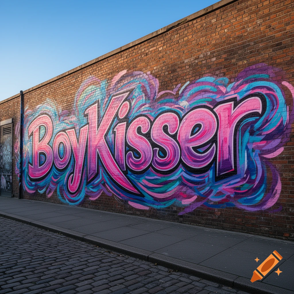 Vibrant pink and blue 'BoyKisser' graffiti on a brick wall, seen from a street-level perspective on a sunny day.