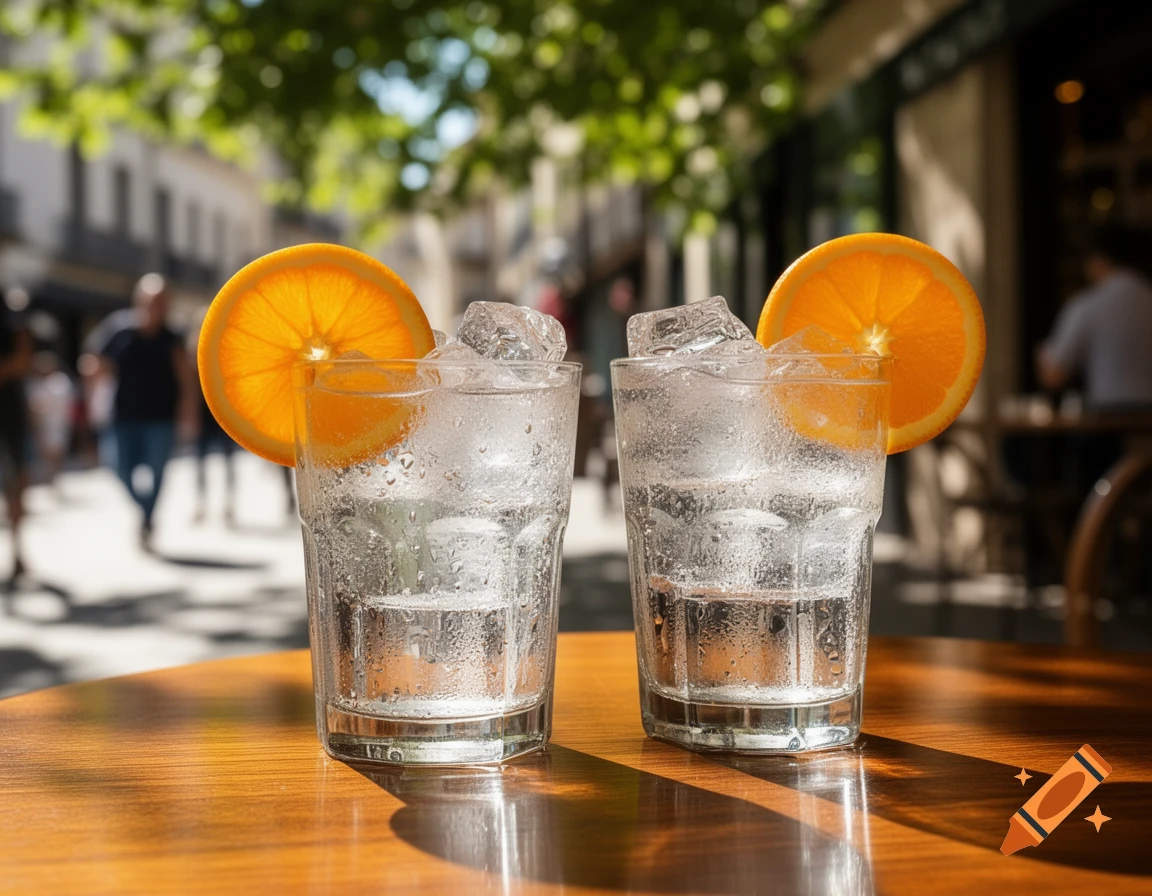 Two glasses of iced drinks with orange slices on a wooden table at an outdoor cafe on a sunny day.