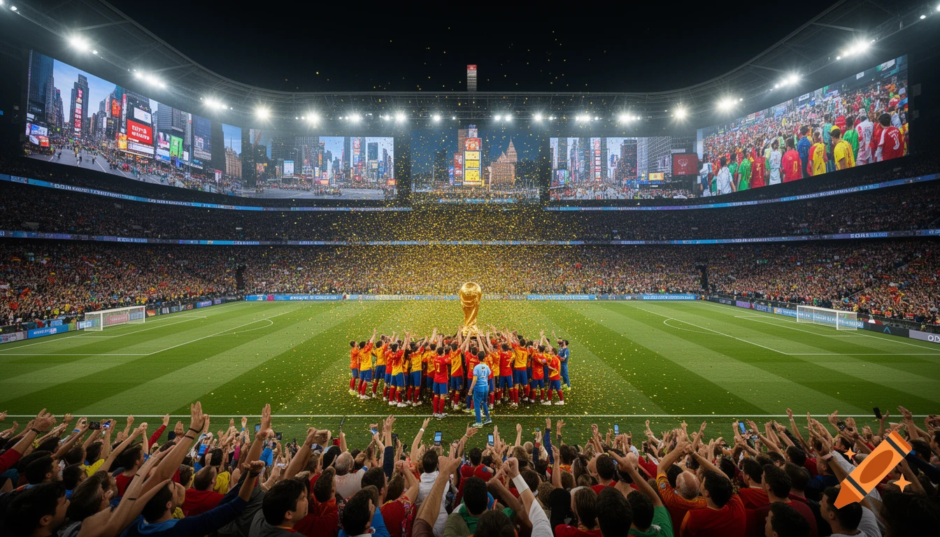A Spanish football team celebrates winning the World Cup on a confetti-covered pitch in a packed stadium with cityscapes on large screens, while fans cheer.