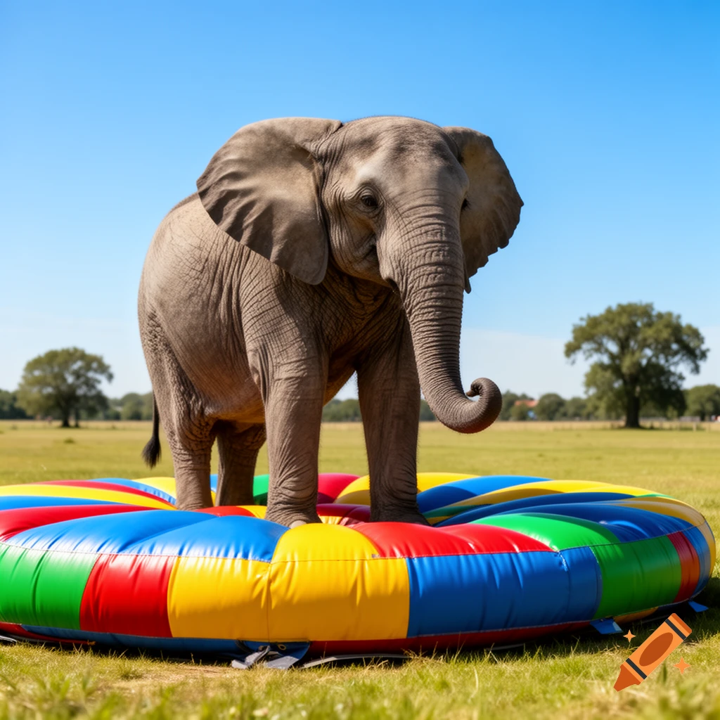 A large African elephant stands on a colorful inflatable ring in a sunny grassy field with trees in the background.
