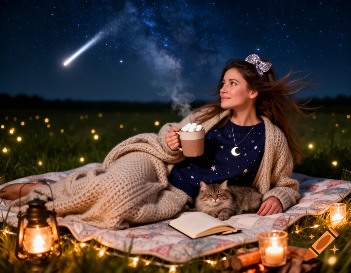 A woman and a cat under a starry night sky, cozy on a blanket with hot cocoa, surrounded by lights.