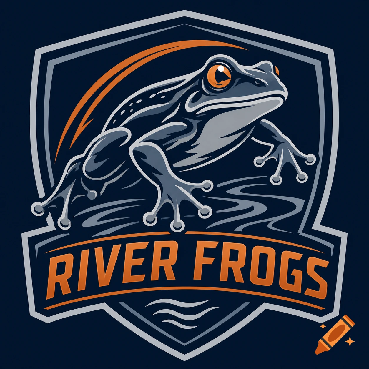 A stylized grey frog with orange eyes on a shield-shaped logo with the words 'RIVER FROGS' below it.