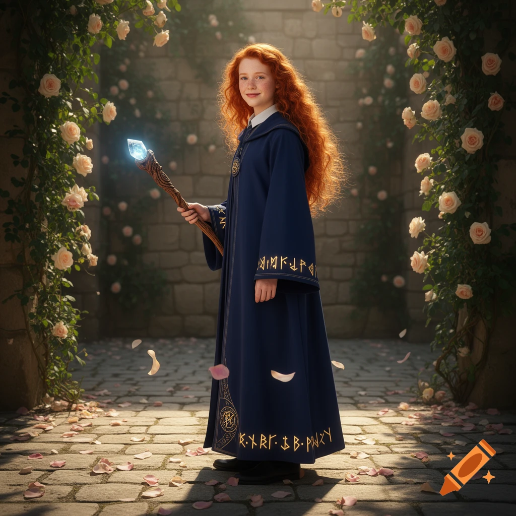 A young red-haired girl dressed in a blue wizard's robe stands holding a glowing staff in an enchanted rose garden.