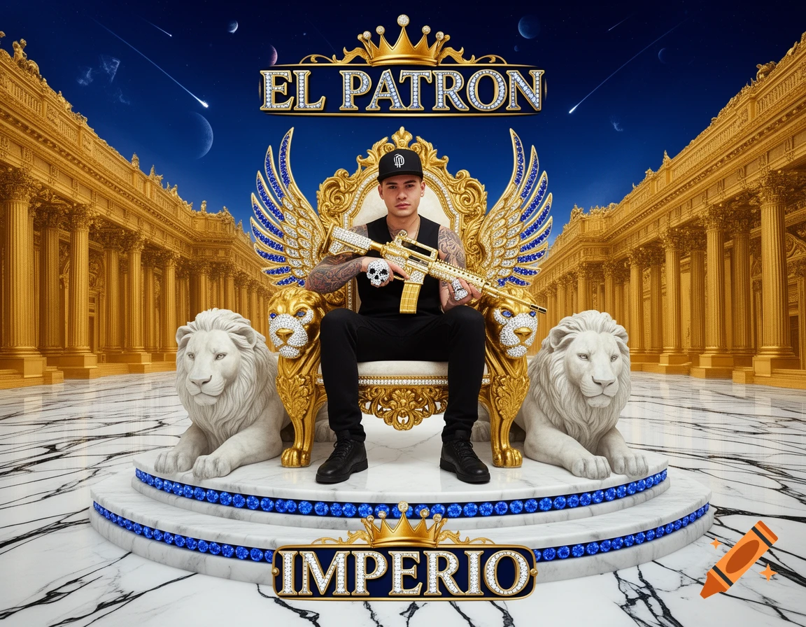 A tattooed man in a cap sits on a golden throne with winged lions, holding a golden, diamond-studded AR-15, in a golden empire setting. "EL PATRON" and "IMPERIO" logos are visible.