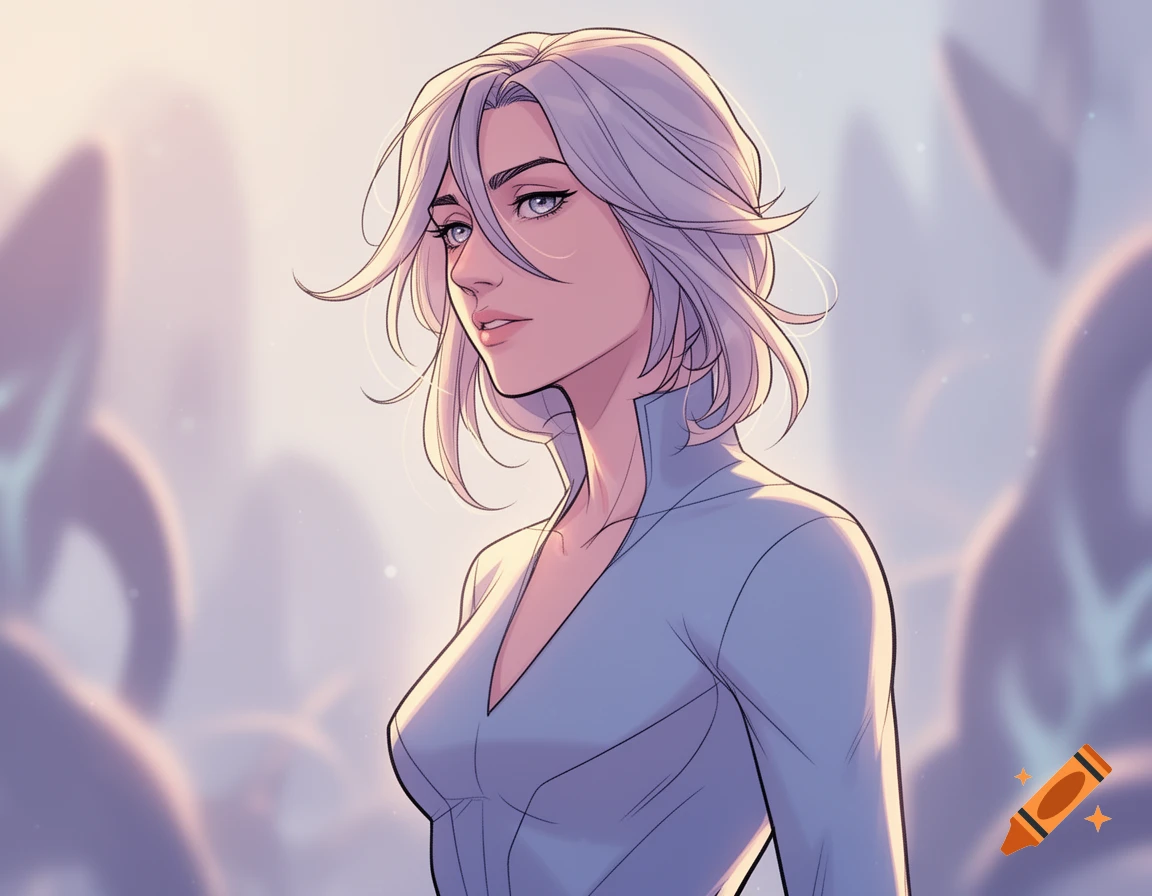 A white-haired woman with blue eyes in a light blue outfit, depicted in comic art style, looking right with a slight smile.