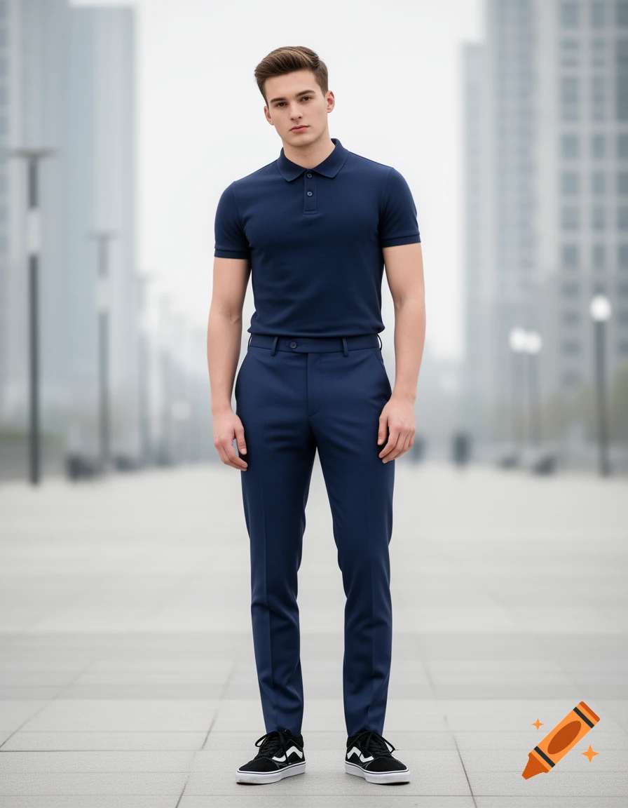 A young man in a dark blue polo shirt and matching trousers, with black sneakers, stands outdoors in an urban setting.