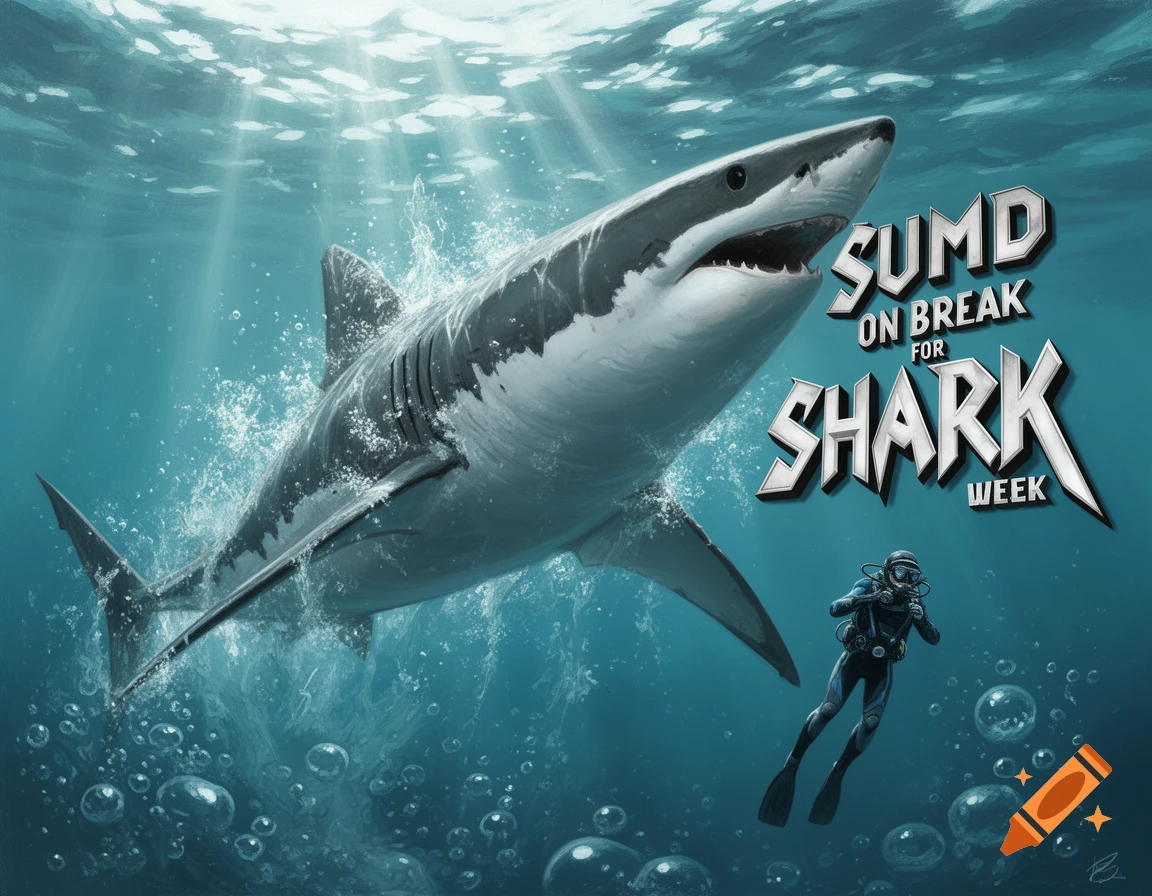 An illustrated great white shark swims above a diver, with light rays piercing the blue water. Text reads 'SUMD ON BREAK FOR SHARK WEEK'.