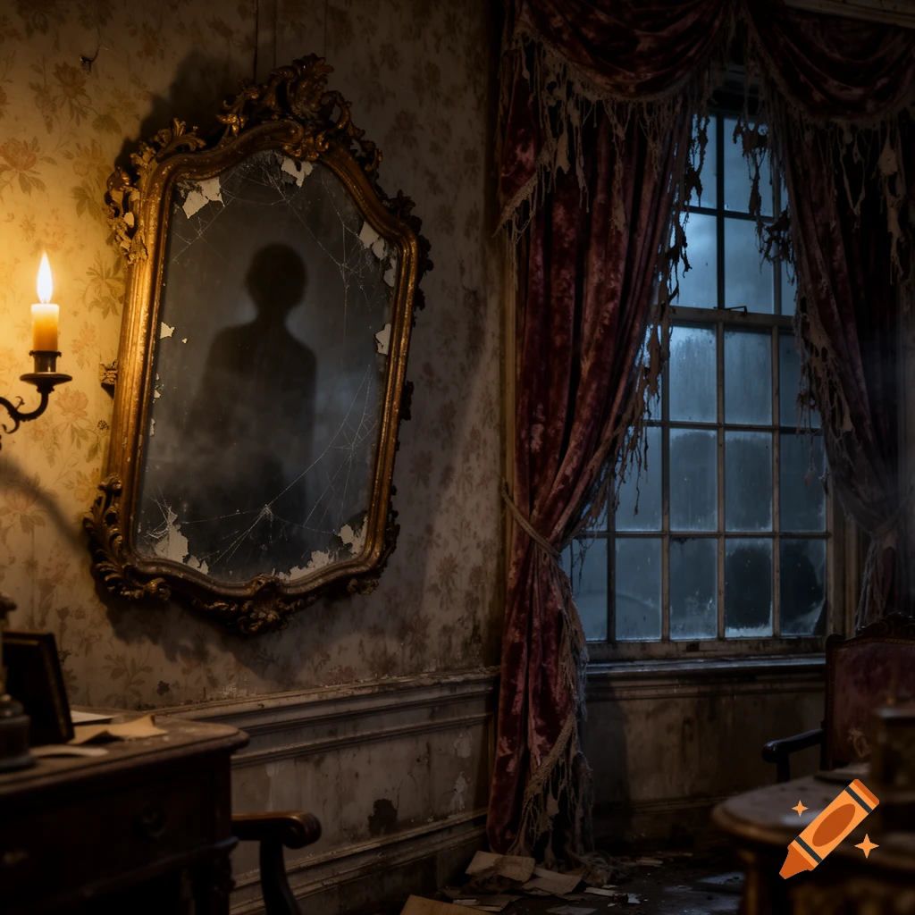 Dark, dilapidated room with a cracked, ornate mirror reflecting a shadowy figure, next to a lit candle and tattered curtains over a window.