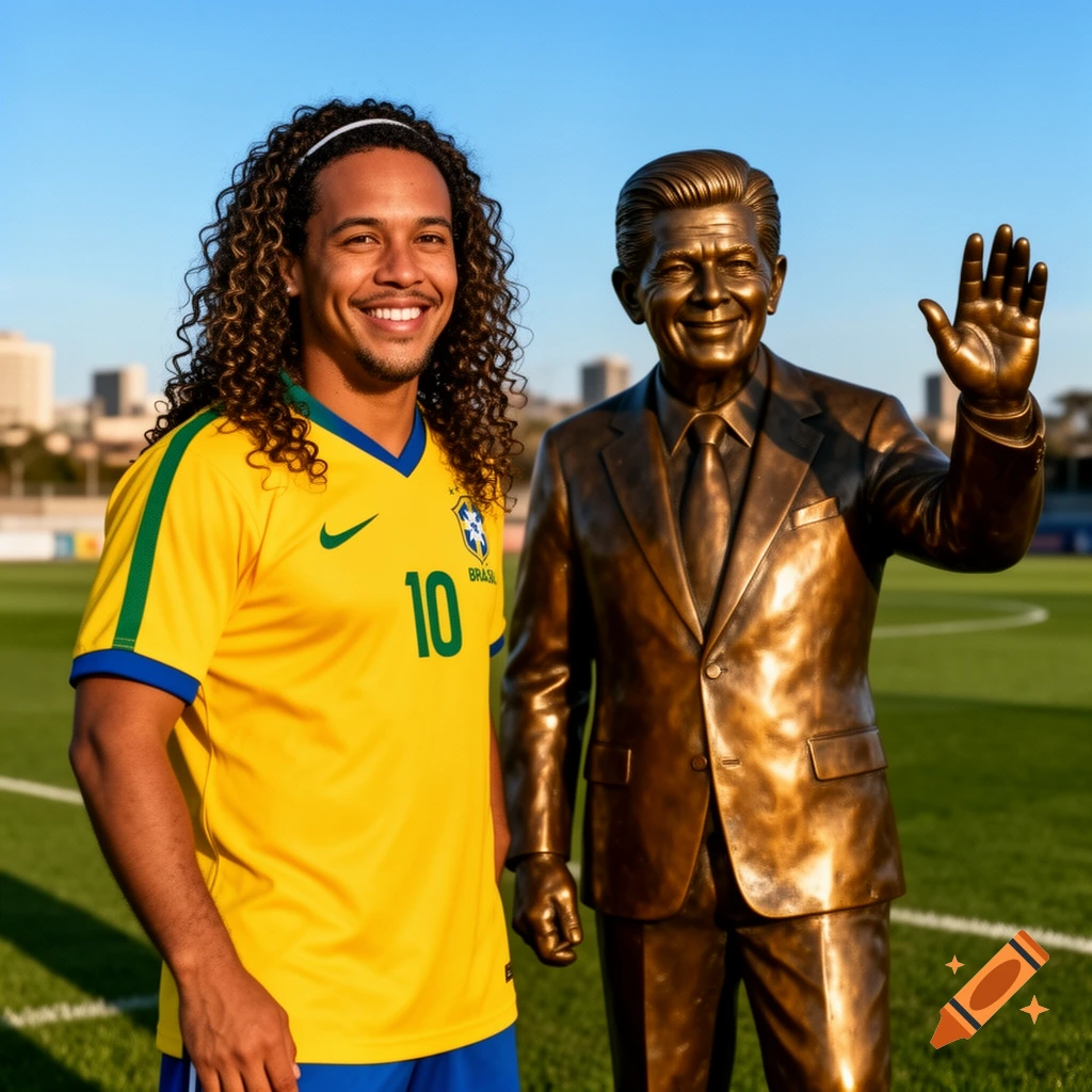 A smiling man in a yellow Brazilian soccer jersey with '10' on it stands next to a bronze statue of Ronald Reagan on a soccer field.