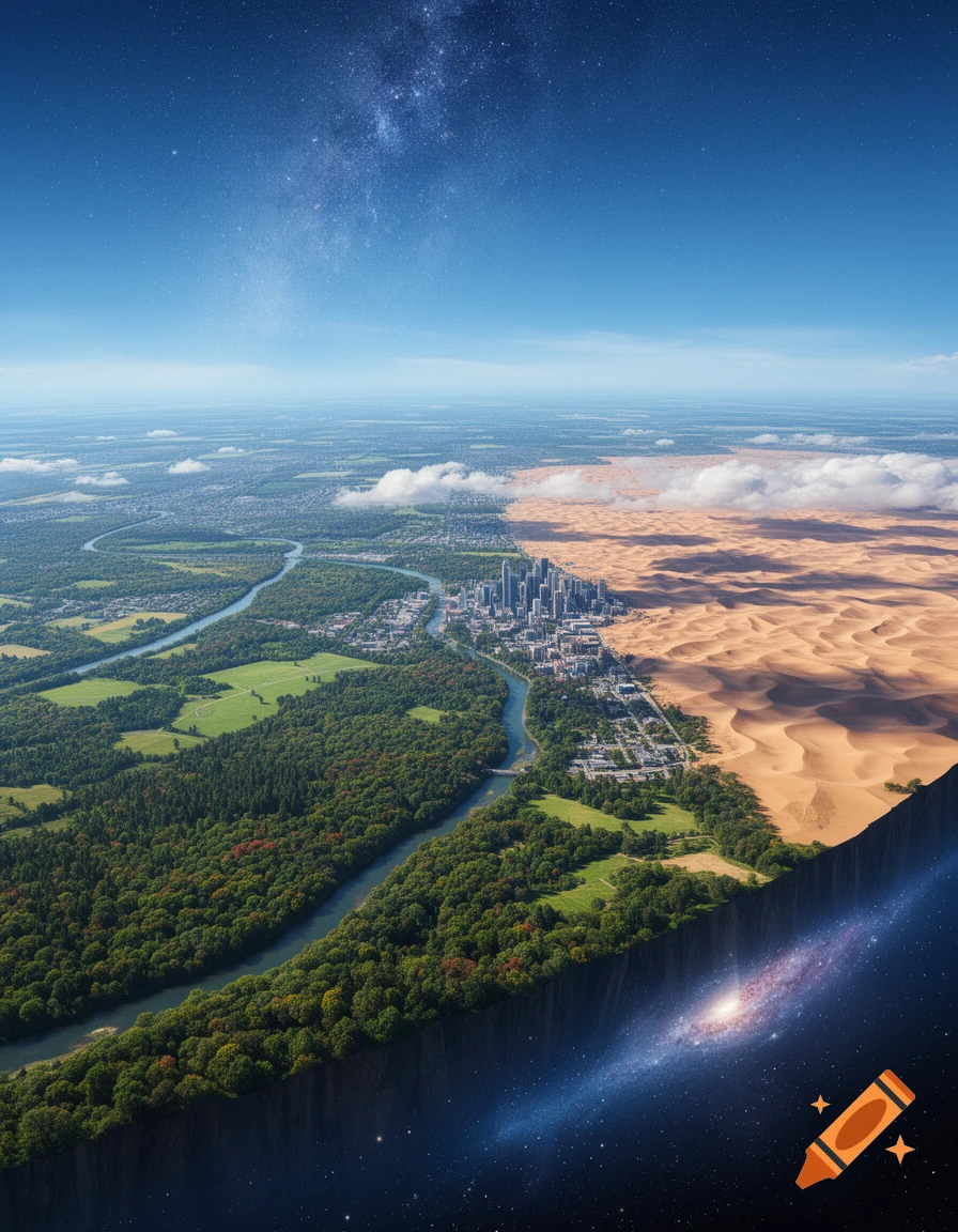 Surreal aerial view of a landscape divided into lush forest, river, city, and desert, ending abruptly at a cliff facing a galaxy.