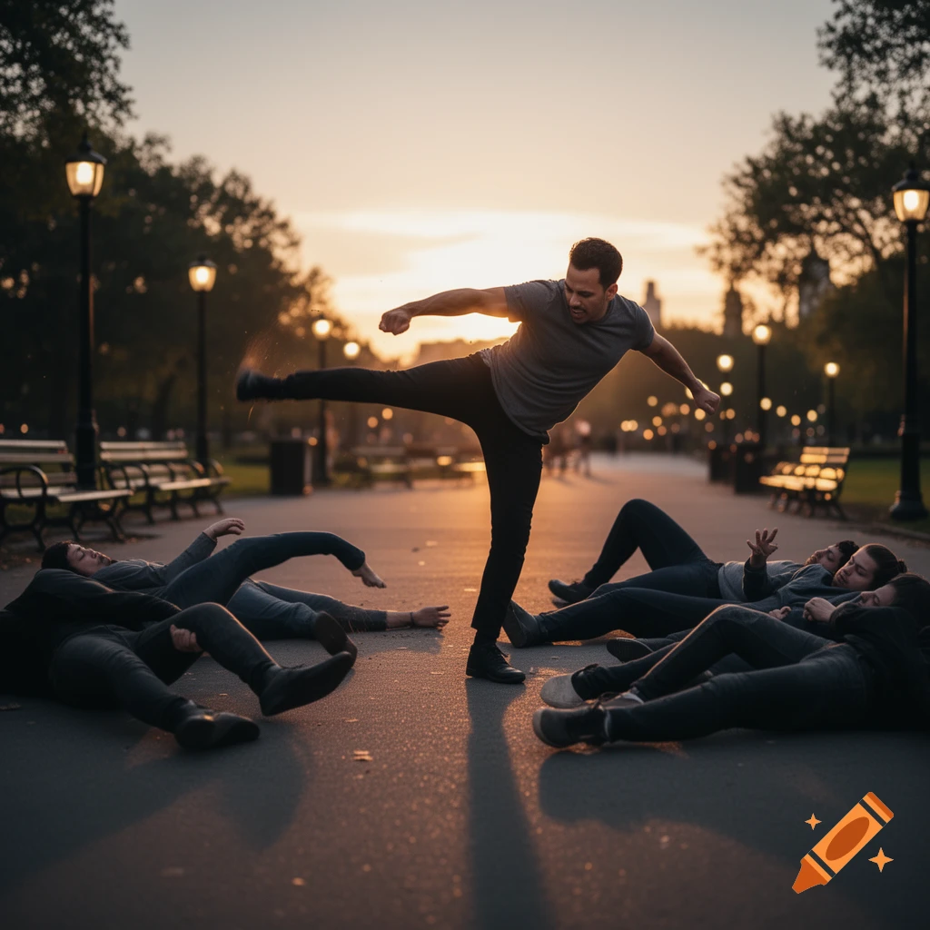 A man performs a high kick, as several other people lie on the ground in a park at sunset, photorealistic.
