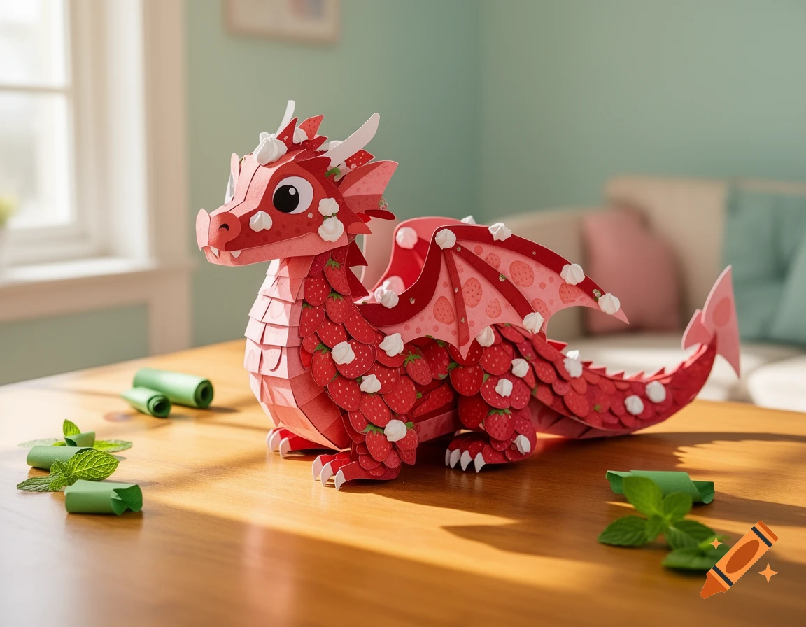 A charming paper craft dragon in red and pink, decorated with strawberries and white cream dots, sitting on a wooden table.